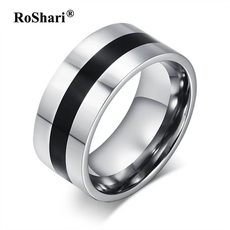 RoShari Men's Rings with Black Line in The Middle Stainless Steel ring Male Boy Accessories men jewelry