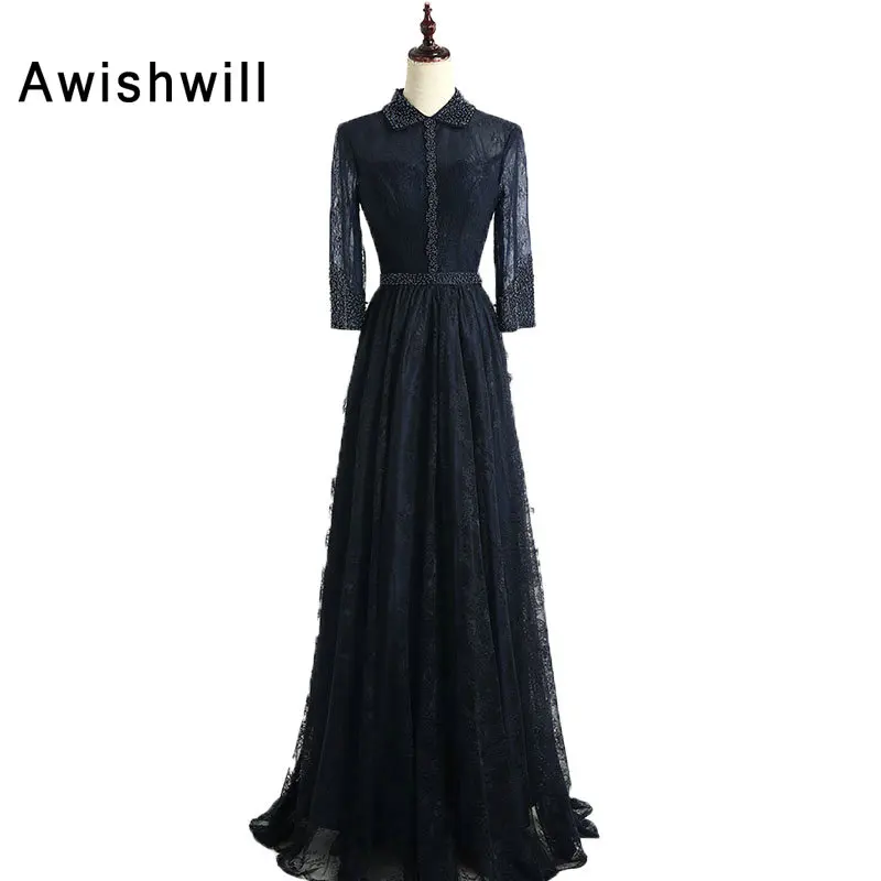 

Floor Length Navy Blue Vintage Evening Dress 2019 A-line Beading Long Sleeve Elegant Lace Prom Dresses Women Formal Party Gowns