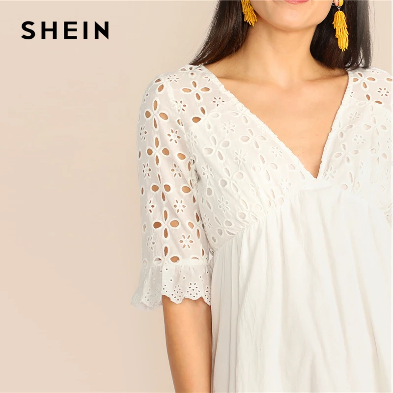 SHEIN Платье С Сеткой И V-Образным Вырезом Женское Летнее Белое Богемное Платье С Средним Рукавом И Оборками