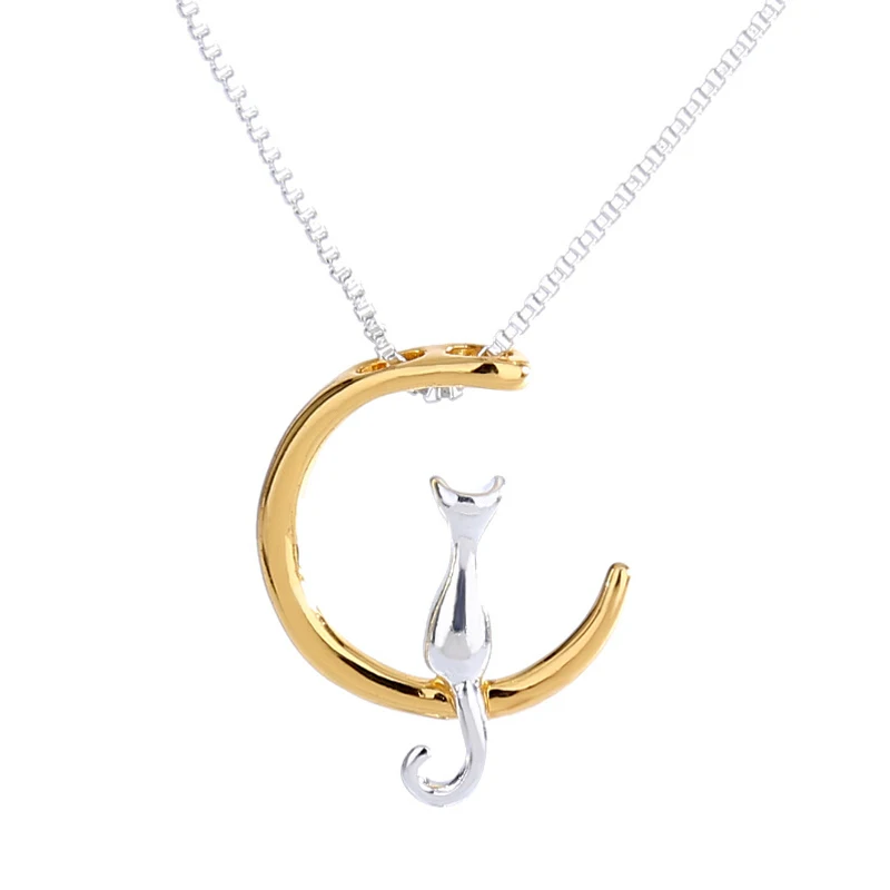 

Hot Fashion Cat Moon Pendant Necklace Charm Silver Gold Color Link Chain Necklace For Pet Lucky Jewelry For Women Gifts
