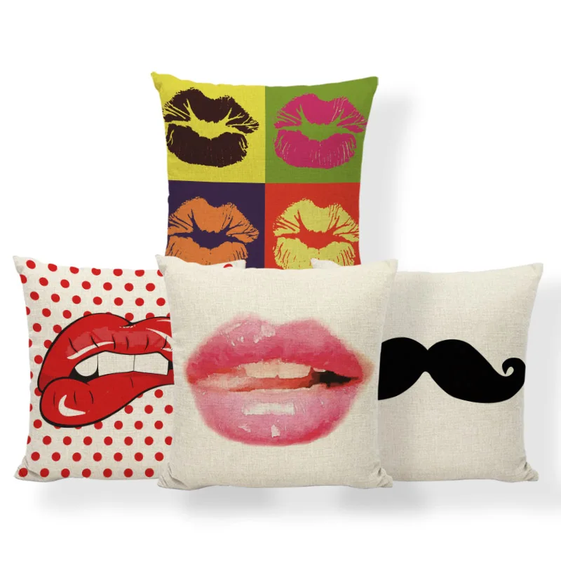 

Charm Chic Pillow Red Lips Cherry Text Cartoon Square Pillowcase Living Room 45*45Cm Polyester Linen Decoration Cushion Cover