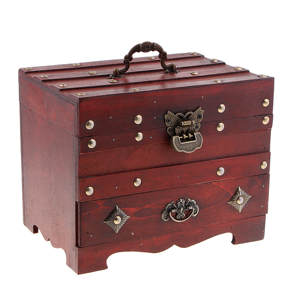 Vintage Wooden Jewelry Box with Mirror and Lock - Storage Rings Trinket Case Organizer Case - 2 Layer Retro Style Hand Carving