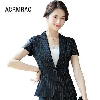 

Women suits Slim summer stripe Short sleeve Blazers Pants 2-piece set OL Formal Business Women pants suits Women set suits