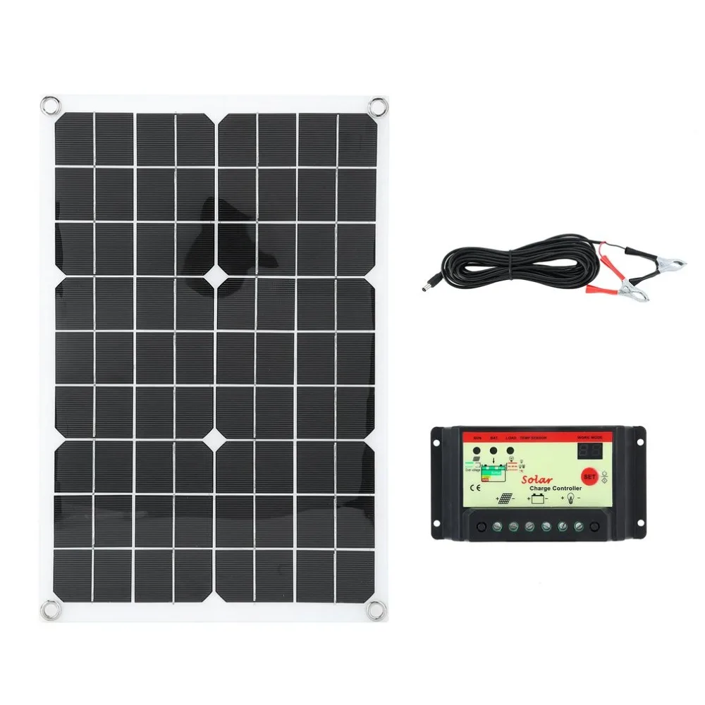 

Solar Charging Device 20W Monocrystalline Solar Panel Camping Power Supply With 10A Battery Charger 8m Clips Cable