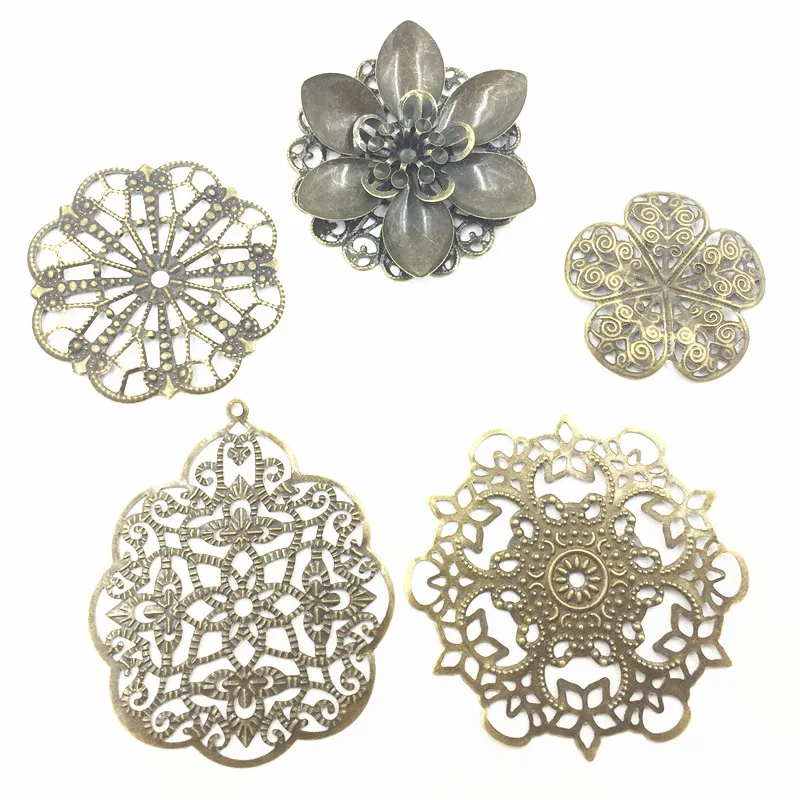 

10Pcs Mixed Bronze Tone Round Alloy Filigree Wraps Flower Hollow Connectors Bag Decoration DIY Findings