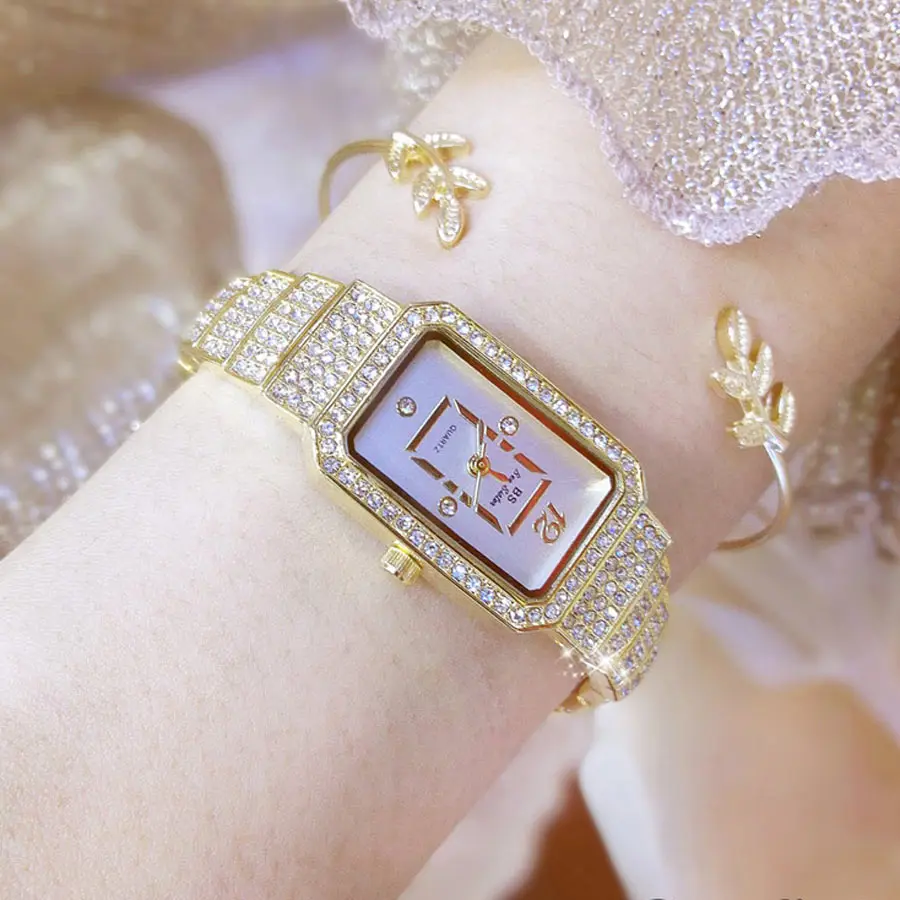 Высокое качество лучший бренд Роскошный бриллиантовый браслет женские маленькие часы женские кварцевые золото водонепроницаемый Новая мода женские часы квадратные часы металлические женские со стразами