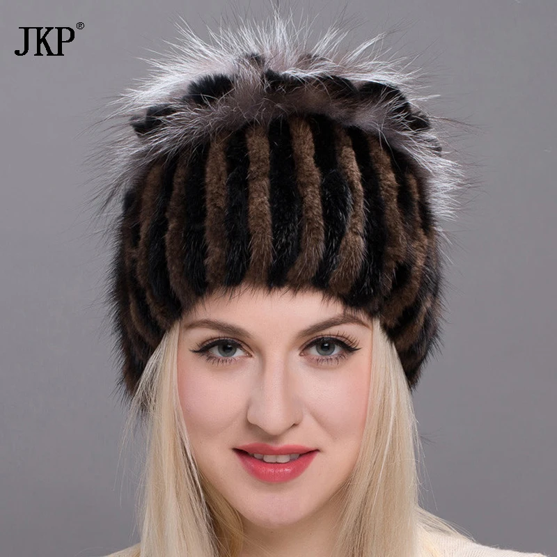 женская меховая шапка вязаная шапочка для женищи с помпоном кролик лисы помпон