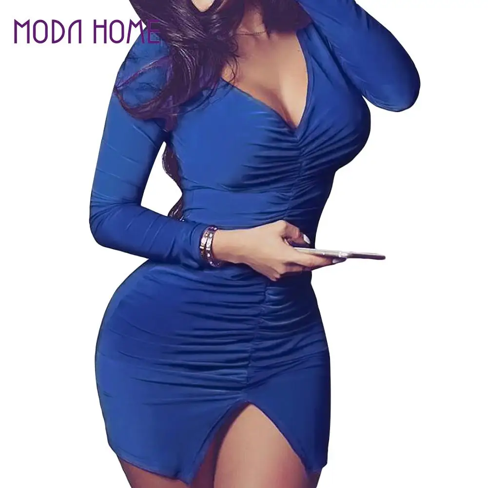 

New Women Sexy Bodycon Bandage Dress Ruched Split Hem Mini Dress Deep V Neck Long Sleeves Sheath Club Party Dress Red/Blue/Pink