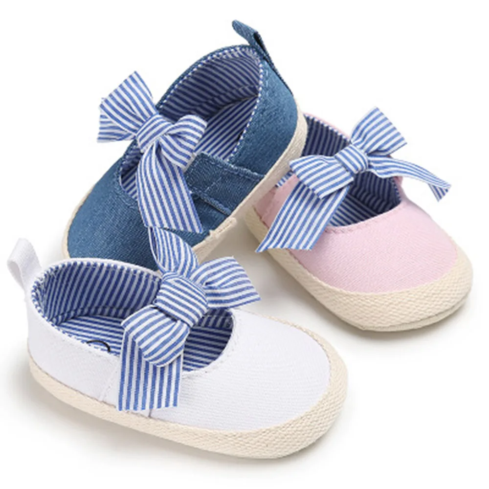 

New Baby Girls Princess Shoes Infant Toddler Crib Bebe Kids First Walkers Canvas Striped Big Bow Soft Soled Anti-Slip Shoes