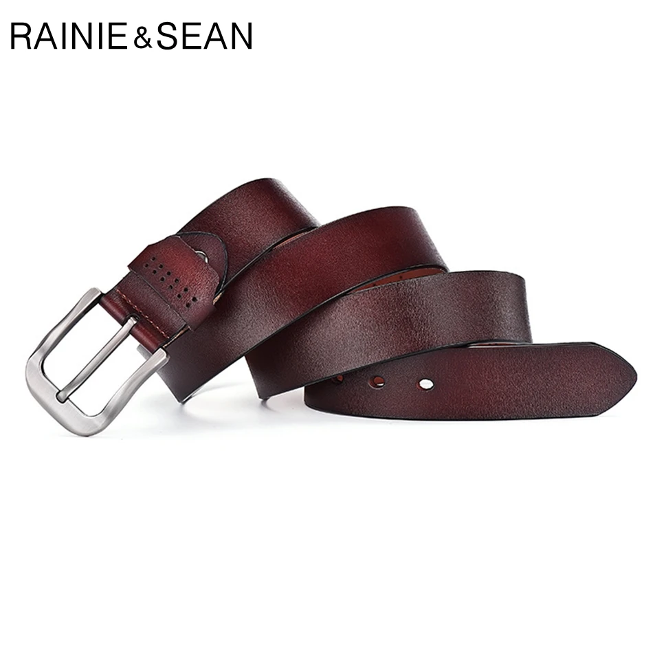 RAINIE SEAN Genuine Leather Belt Men Pin Buckle Vintage Belt Black Hollow Real Leather Cowhide Belt Strap Male Belts For Men