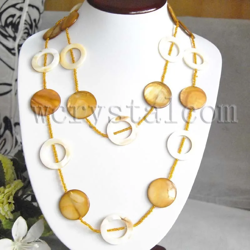 

Brown White Shell Yellow Small Glass Bead 48" Long Necklace