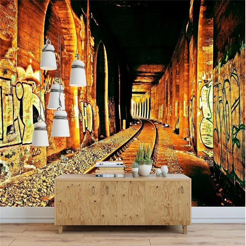 beibehang Large Custom Wallpapers Mural Train Tunnels Vintage Irons