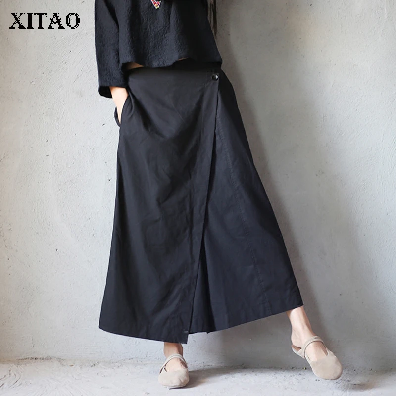 

[XITAO] 2018 Europe Summer New Fashion Women Elastic Waist False Two Pieces Loose Irregular Full Length Wide Leg Pants KZH880