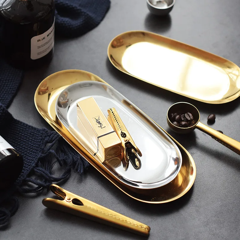 

Luxurious Metal Storage Tray Nordic Gold Oval Dotted Fruit Storage Plate Small Items Jewelry Display Tray Mirror for Home Decor