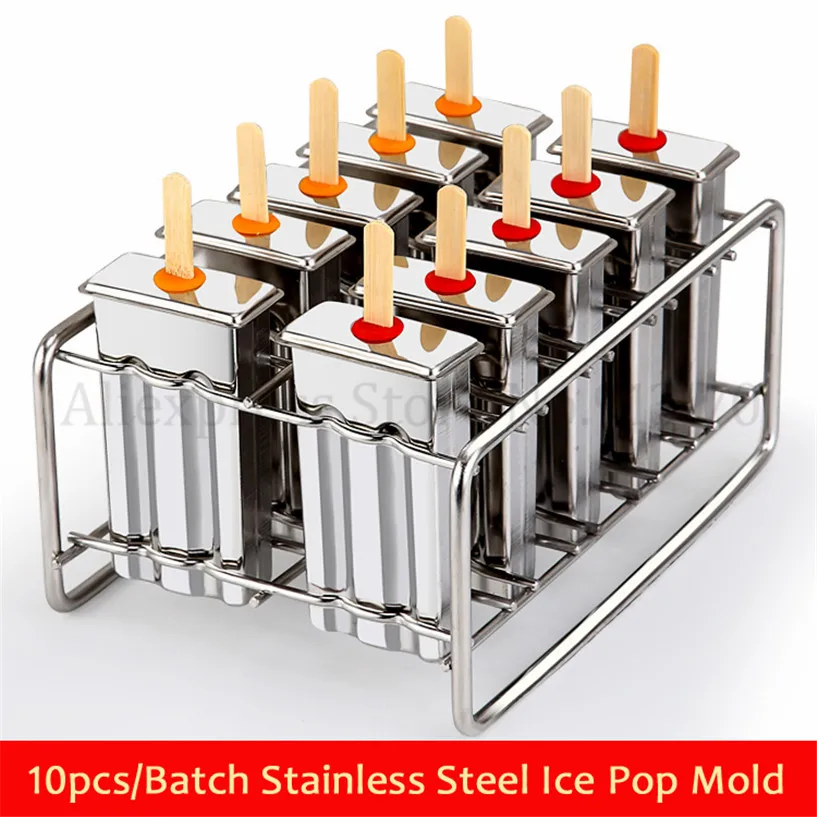 Ice Pop Lolly Molds Ice Cream Moulds DIY 10pcs/Batch Stainless Steel Popsicle Mold Stick Holder Molds Silver Summer Home