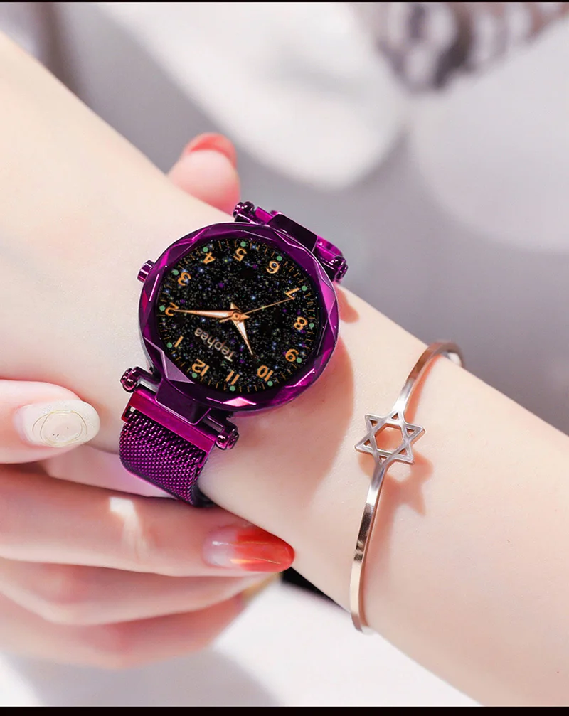 Горячая Распродажа, женские часы-браслет, модные роскошные часы с магнитной пряжкой, ремешок из нержавеющей стали, светящийся циферблат, звездное небо, кварцевые часы