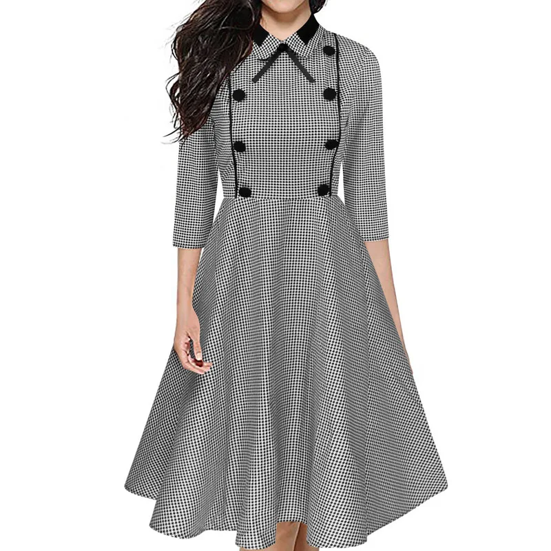New Arrival Autumn Women Buttons Vintage Houndstooth Dress Bow Retro