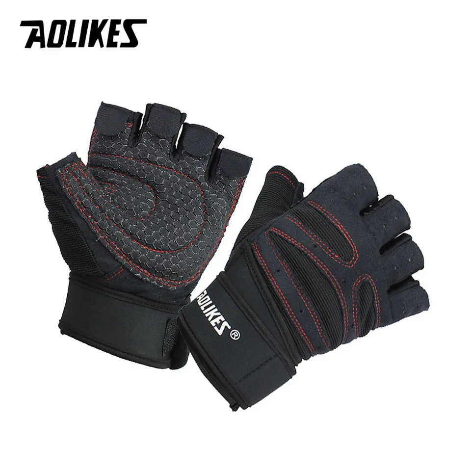 AOLIKES 1 пара Половина Finger тренажерный зал перчатки, поддержка запястья Обёрточная бумага ремни сопротивлением трению велосипедные перчатки спортивные Фитнес