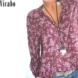 Vicabo цветочный Блузка с длинными рукавами рубашка Для женщин топы 2018 элегантный v-образным вырезом кнопка осень женственный Свободные