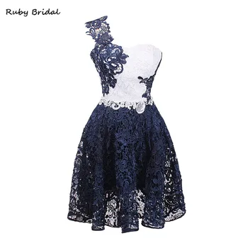 

Ruby Bridal Vestido De Festa A-line Mini Prom Dresses White Navy Blue Lace Luxury One Strap Sweetheart Evening Party Gown KP46