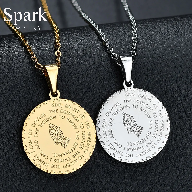 

Spark Religious Praying Hands Serenity Bible Verse Necklaces Stainless Steel Coin Pendant Amulet Necklace Unisex Jewelry Gift