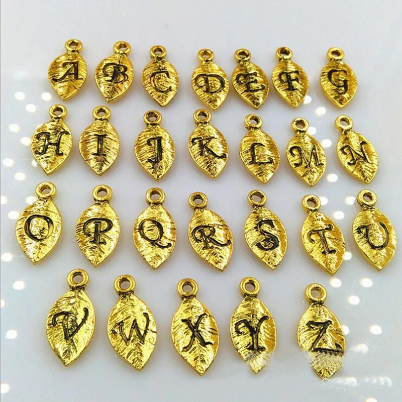 

Fnixtar 7*15mm 26pcs A-Z Alphabet Leaf Charms Pendants Ancient Letter Alloy Mini Charm for Women Jewelry Making 26pcs/lot