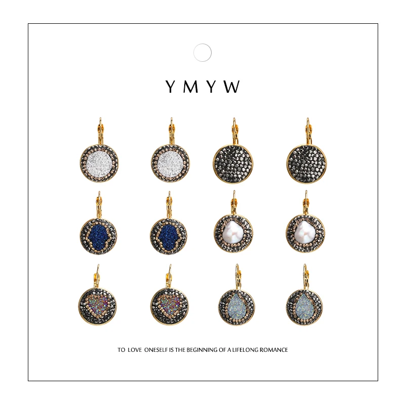 

YMYW Exquisite Chic Rhinestone Resin Bud Cluster Drop Earrings Natural Pearl Hand Heart Water Drop Pattern Geometric Earrings
