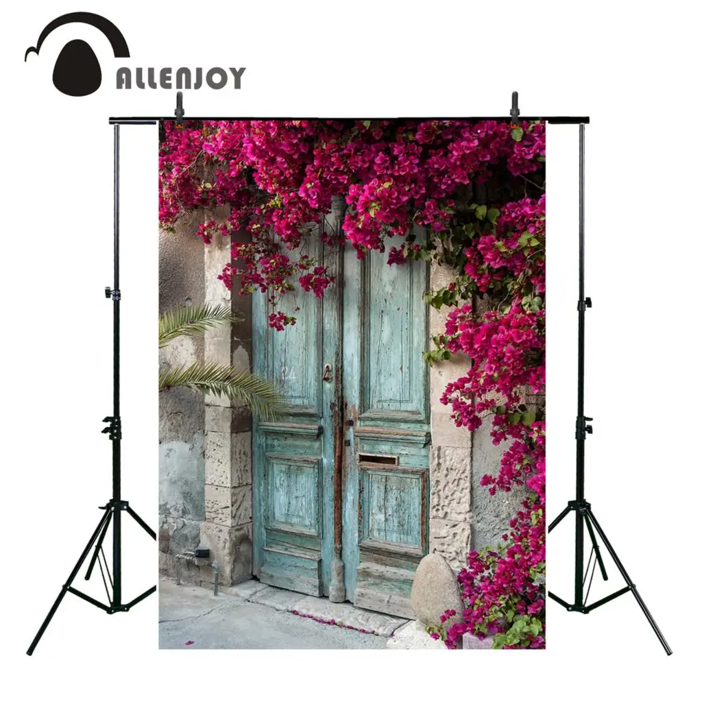 

Allenjoy Polyester Photo Backdrop old wooden door with beautiful red flowers floral background Photography Studio Shooting Props