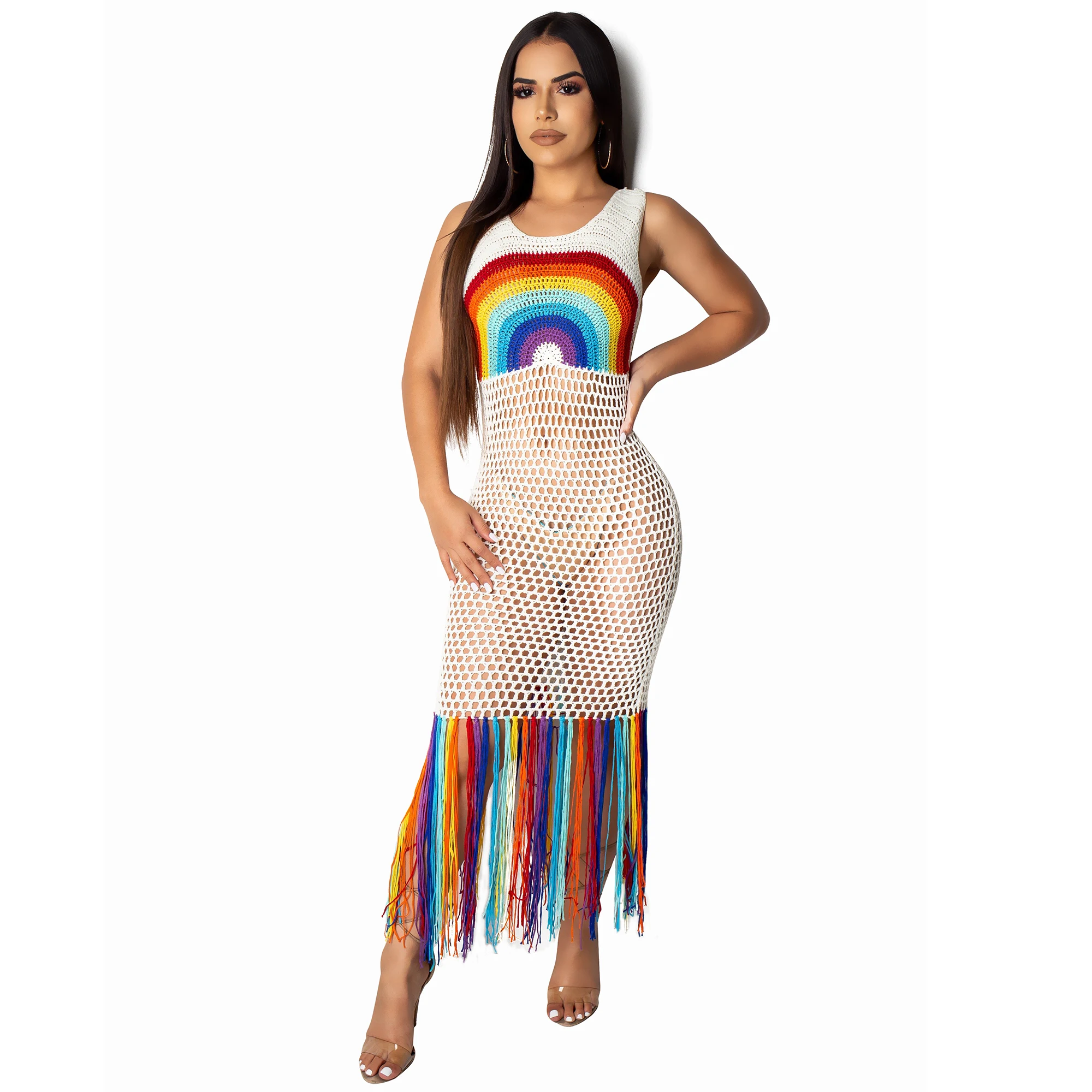 

JRRY Tassels Knitted Cover Ups Dresses Hollow Out Beach Wear Maxi Dress Rainbow Knits Dress Ankle Length Women Beach Knit Dress