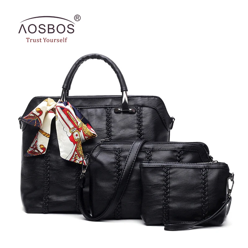 ФОТО Aosbos Women 3 Pcs/Set Genuine Leather Handbags European and American Style Solid Sheepskin Shoulder Bags Casual Clutch Bag Tote