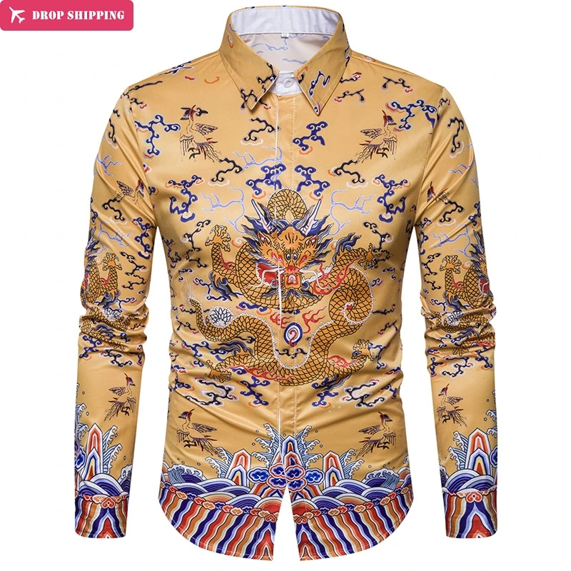 

European new men's Retro robes Chinese handsome long sleeved shirt C405 wind tide