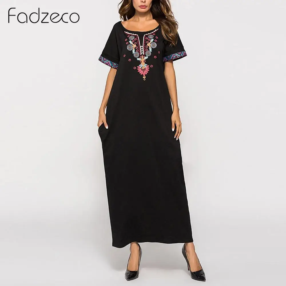 

Fadzeco African Dress for Women Summer Dashiki Short Sleeve Embroidery Loose Long Maxi Dress Muslim Robe Tribal Gown Femme