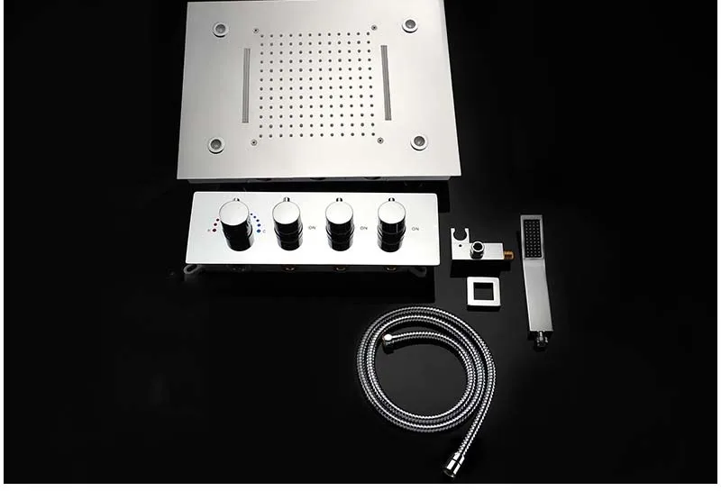 hm Shower System Double Waterfall Rainfall Large Ceiling LED Rain Shower Head Recessed Automatic Color Change Thermostatic Tap (27)