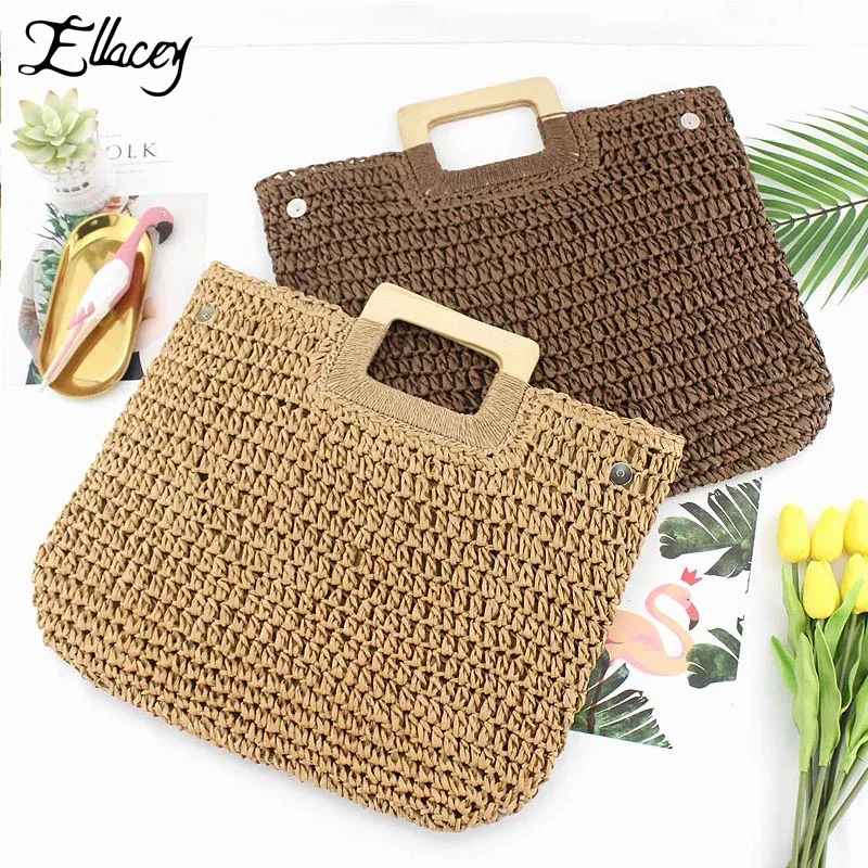 

Summer New Ins Fashion Straw Bag Wood Handle Paper Rope Woven Bag Retro Casual Beach Bag Women Handbag Large Capacity Tote Bags