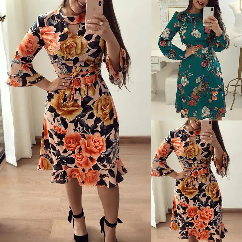 

NEW Vintage Women Summer Autumn Ruffle Flared Sleeve Bodycon Beach Party Evening Sundress Floral Printed Mini Dress