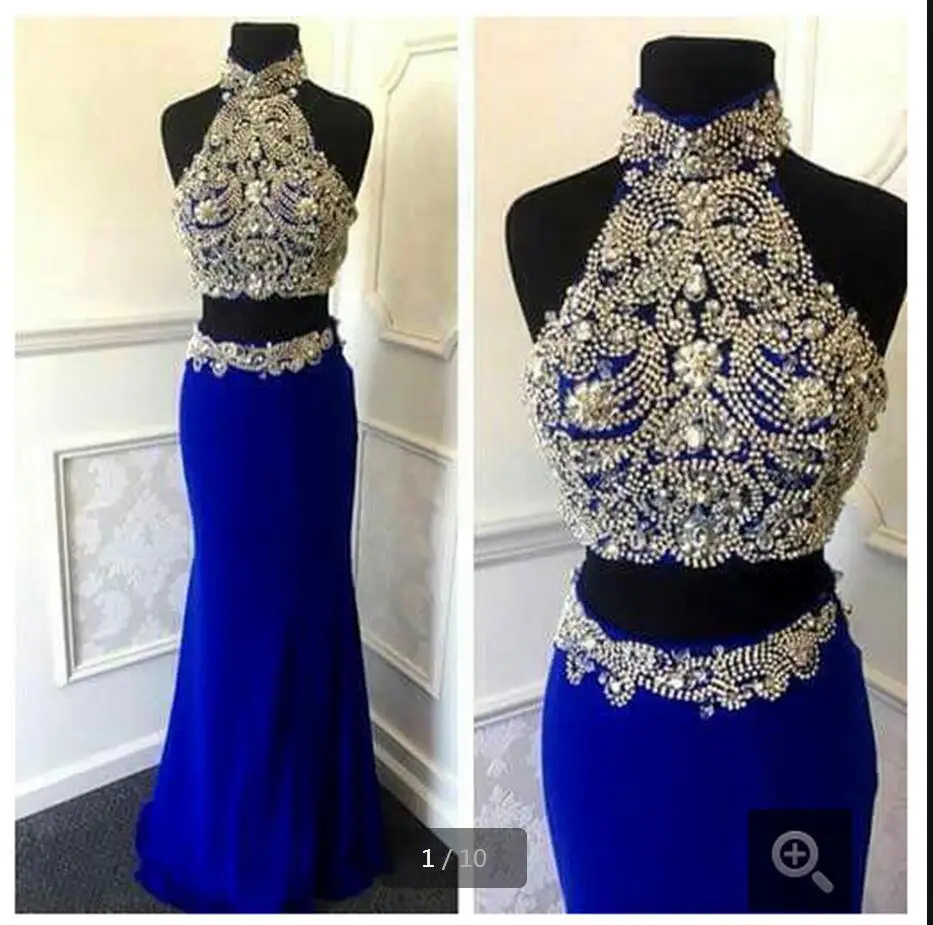 blue and gold two piece prom dress