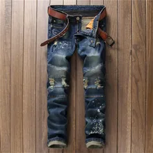 2016 Mens Skinny Ripped Biker Jeans Motorcycle Jeans Fashion Distressed Pleated Straight Jeans P6022