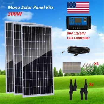 

300W Monocrystalline Solar Panel 3 x 100W Solar Panel Kit off Grid System 30A Solar Charge Controller for 12V Battery RV