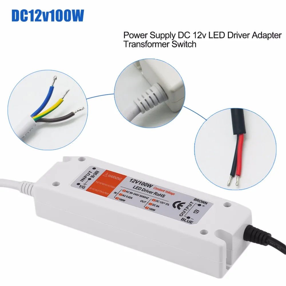 18 Вт/28 Вт/48 Вт/72 Вт/100 W Питание DC 12v Светодиодный драйвер адаптер трансформаторный блок Выход 100 V-240 V для Светодиодные ленты