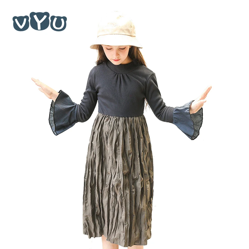 4-14Yrs Teenger Girl Dress Autumn Kids High Collar Pleated Lotus leaf Long-sleeves knitting Long Winter Dresses Pink/Black | Детская