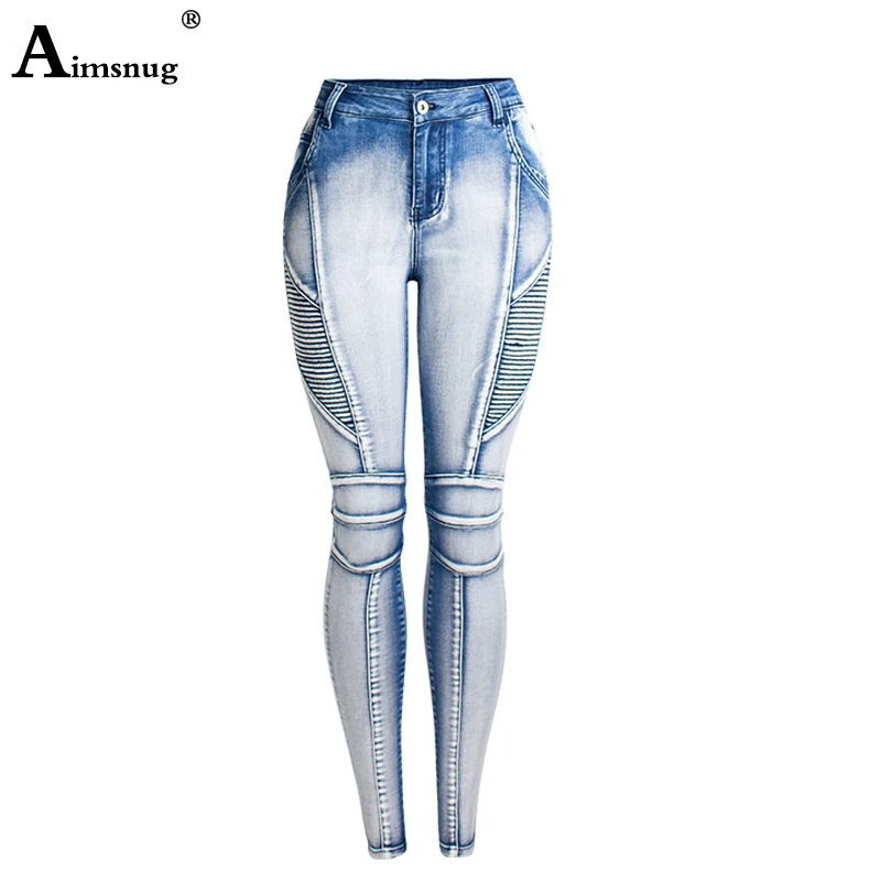 Светло голубой Slim Fit Для женщин байкер цикла на Высокая Талия приталенные