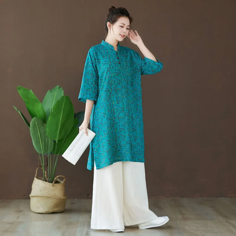 LZJN 2019 Autumn Blouse Long Sleeve O-Neck Chinese Style Shirt Ethnic Ladies Cotton Tunic Tops Floral Blouses for Women 2 Colors (15)