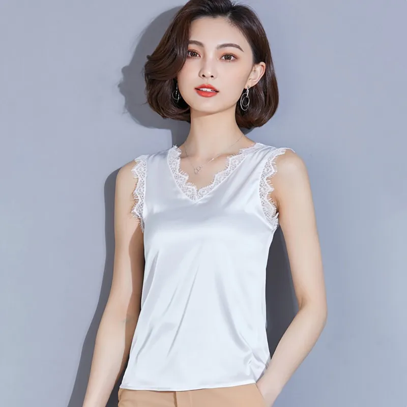 2019 Sexy Lace Patchwork V Neck Satin Silk  Tops For Women Casual Fitness Tank Top Women's Sleeveless Tops Women clothes