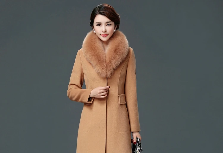 Элегантное однотонное длинное шерстяное зимнее пальто с тонкими карманами, офисное шерстяное пальто и куртка с пуговицами и меховым воротником, женские пальто
