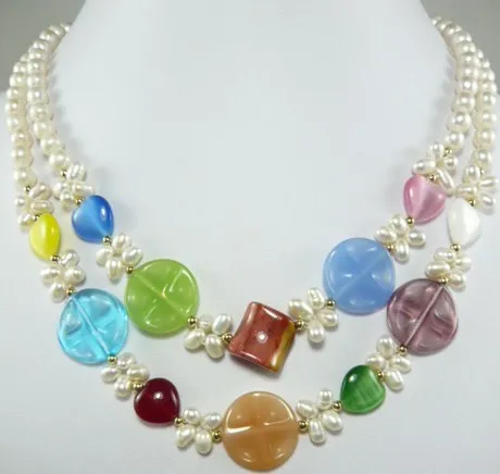 

Free shipping@@@@@ 2 rows colorful lady's white pearl necklace decorated with shapes of stone jewelry a