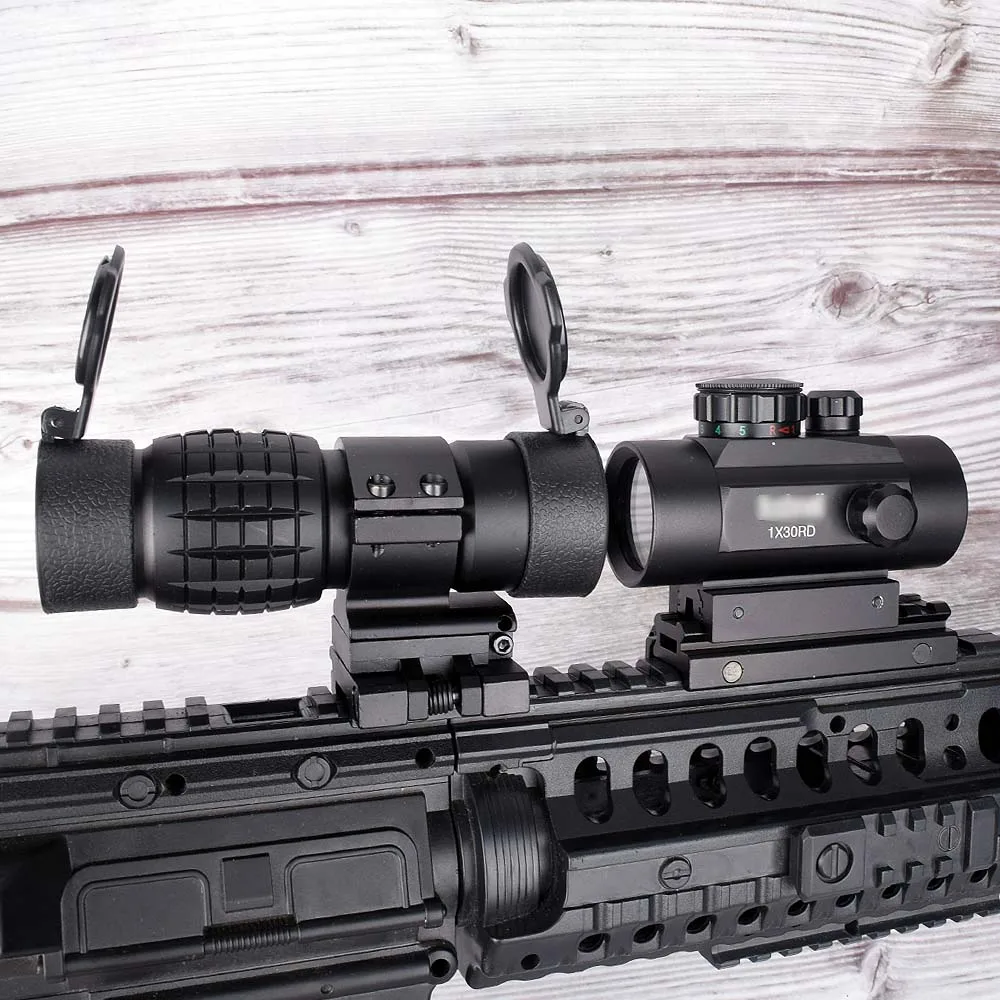 3X lupa alcance compacto Tactical Sight Flip con holográfico 1x30 rojo verde Dot Sight Airsoft con Riser 20mm Mount Rail