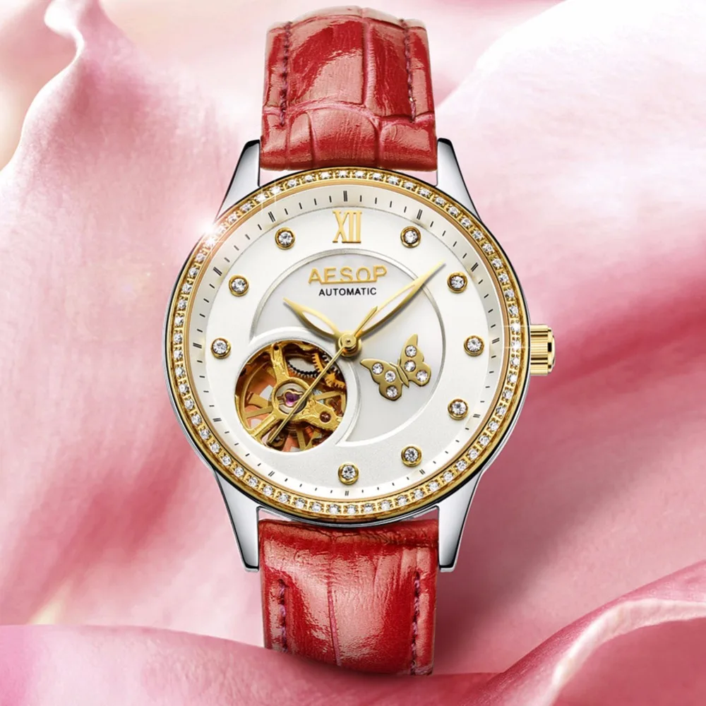 AESOP Top Brand Ladies Mechanical Aautomatic watches women relogio feminino Leather Fashion Rhinestone Hollow Skeleton Clock NEW AESOP Top Brand Ladies Mechanical Aautomatic watches women relogio feminino Leather Fashion Rhinestone Hollow Skeleton Clock NEW