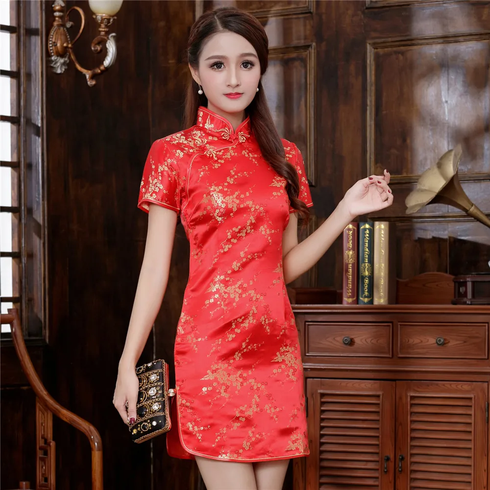 Chinese Style Women Dragon Phenix Qipao Classic Red Satin Cheongsam Plus Size Short Sleeve Mini Dress Vestidos 3XL 4XL 5XL 6XL 3