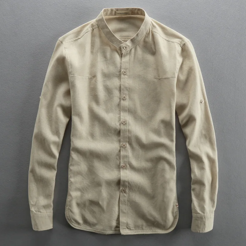 mens vintage solid color stand collar long sleeve loose casual t shirt