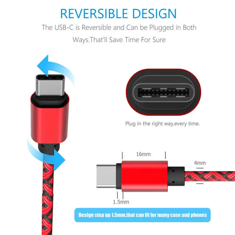 1~ 3 м долговечный тканевый Тип-C USB-C Реверсивный зарядный Дата кабель синхронизации провод для Samsung S9 S9+ S8 S8+ для LG G6 G5 Лот